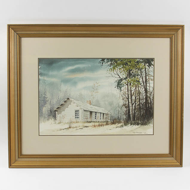 Tom Berger Watercolor Painting of a Log Cabin