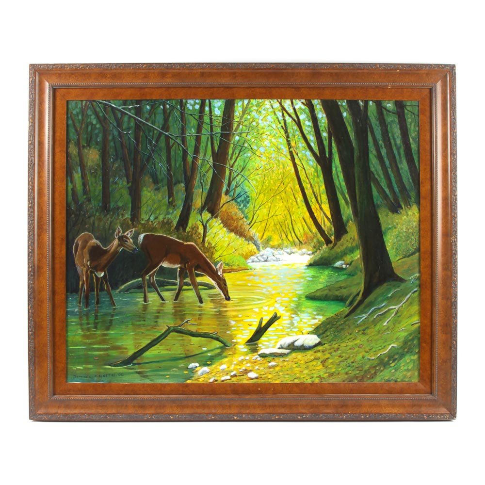 Dominic F. Nastri Oil Painting on Canvas of Deer Grazing