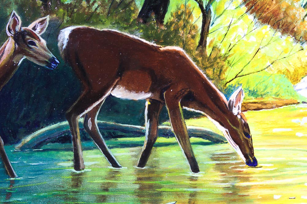 Dominic F. Nastri Oil Painting on Canvas of Deer Grazing