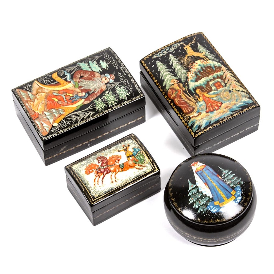 Collection of Hand Painted and Signed Russian Lacquer Boxes