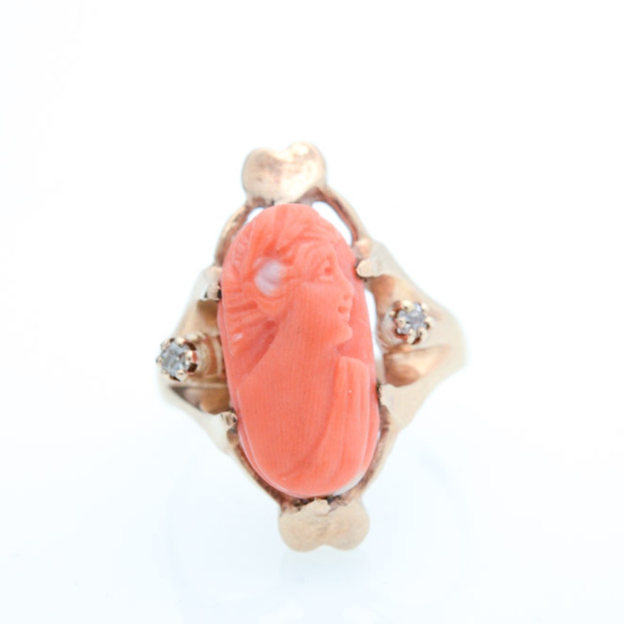 Antique 10K Yellow Gold Coral Cameo and Diamond Ring