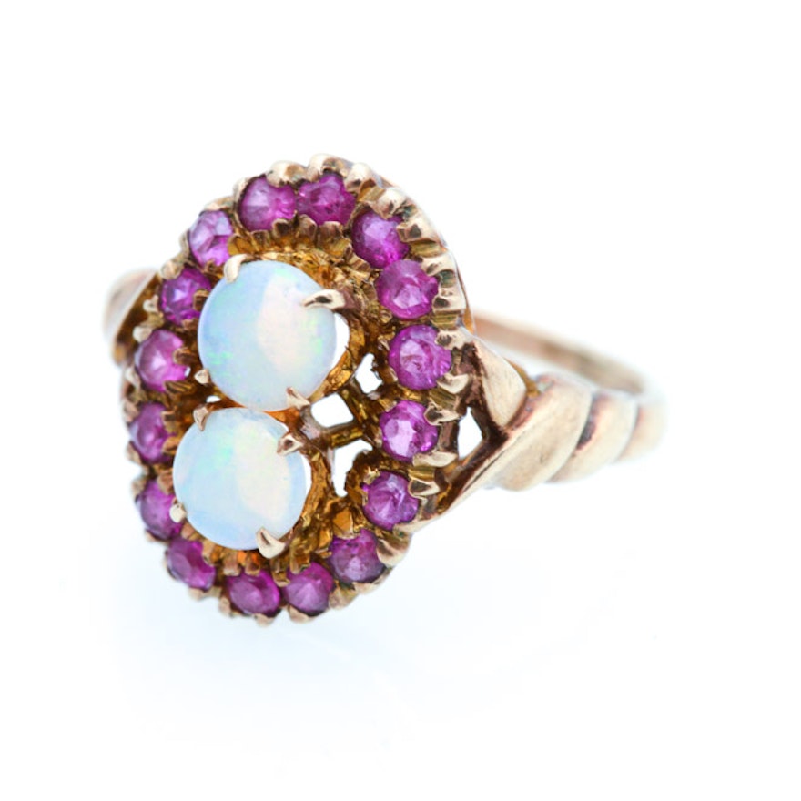 PRIORITY-Antique 10K Yellow Gold Opal and Synthetic Ruby Ring