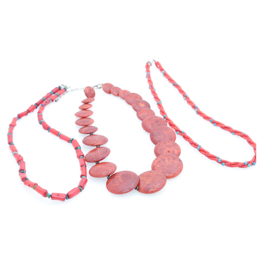 Sterling Silver Natural Coral and Turquoise Necklaces