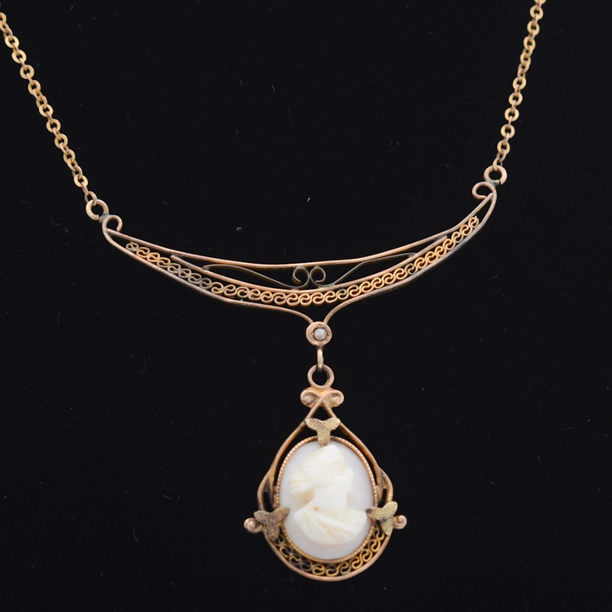 Antique 10K Yellow Gold Filigree Shell Cameo Necklace