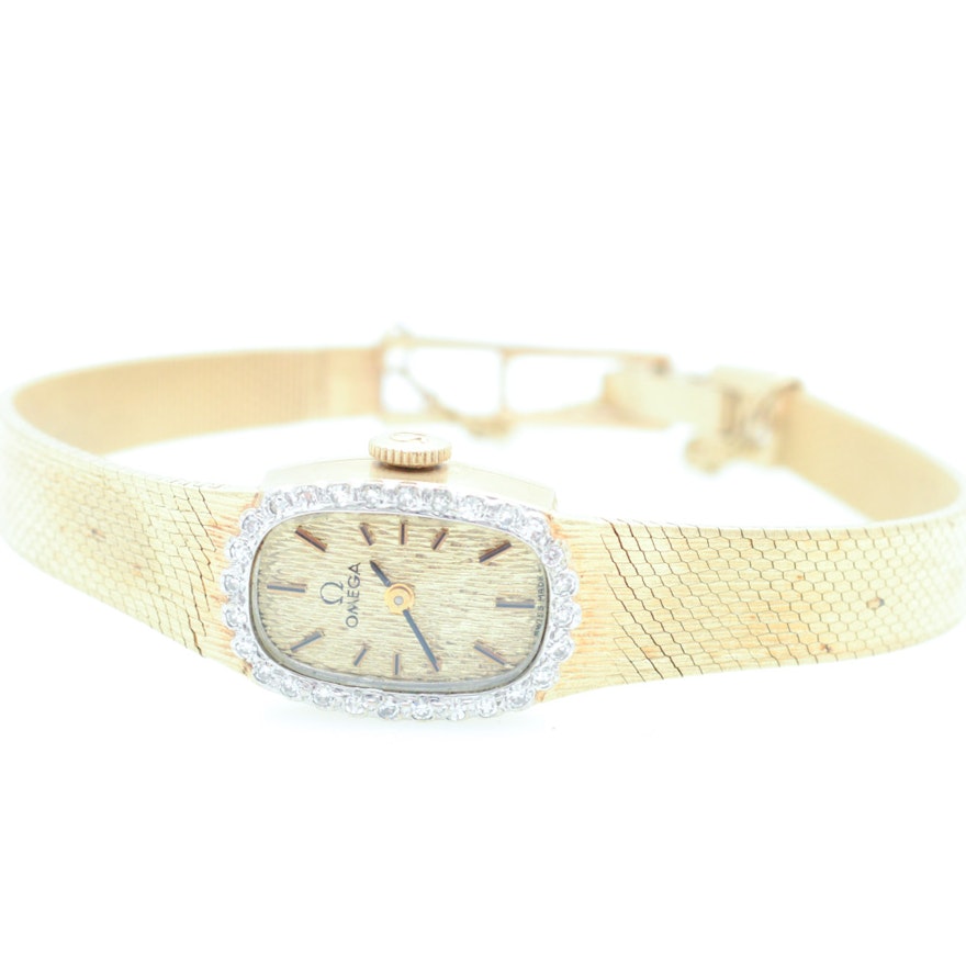 Vintage Omega 14K Yellow Gold Diamond Wristwatch
