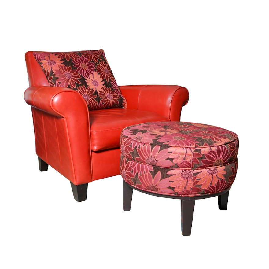 Red Leather Armchair by Max Home with Floral Ottoman