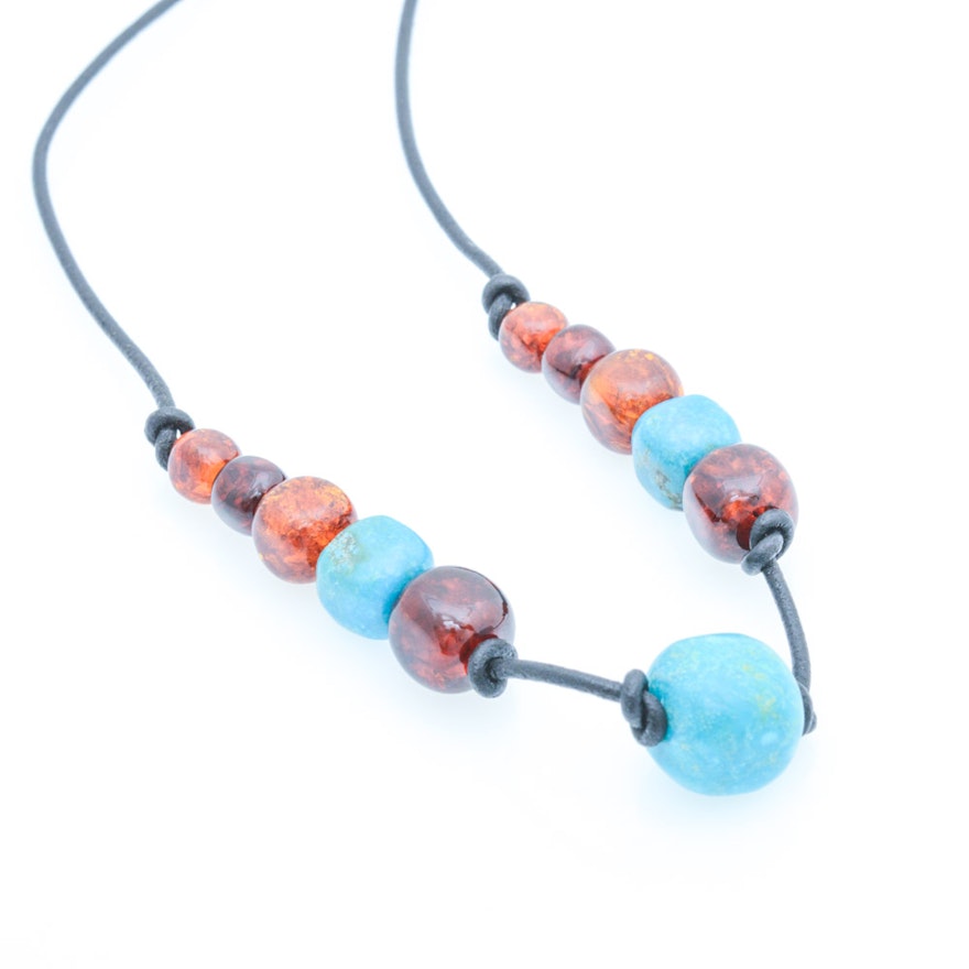 Sterling Silver Turquoise and Amber Necklace