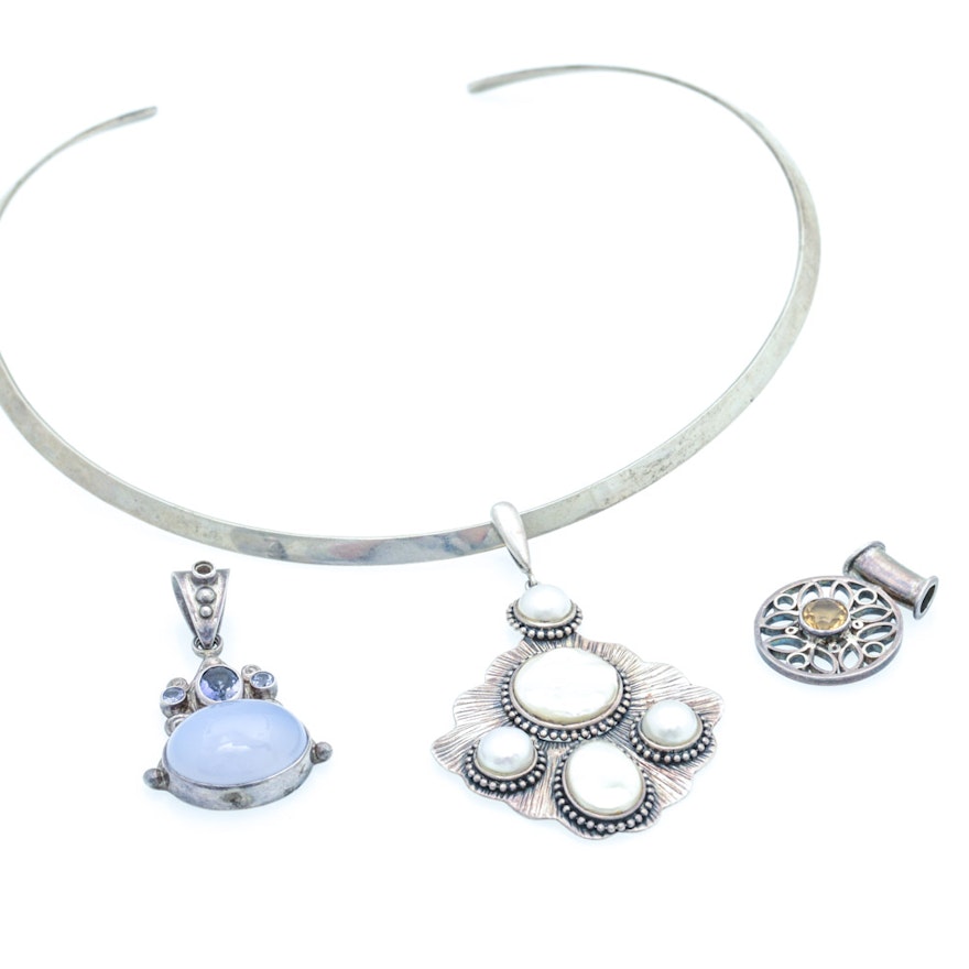 Sterling Silver Necklace with Gemstone Pendants