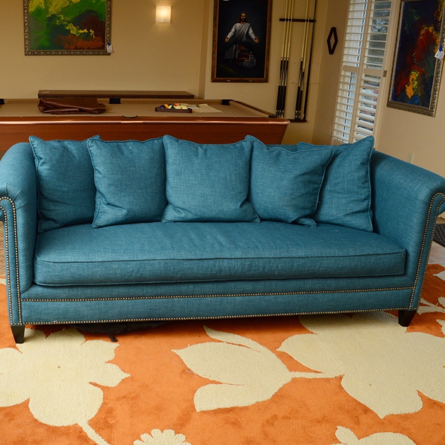 Crate & Barrel Teal Sofa with Down Back Pillows