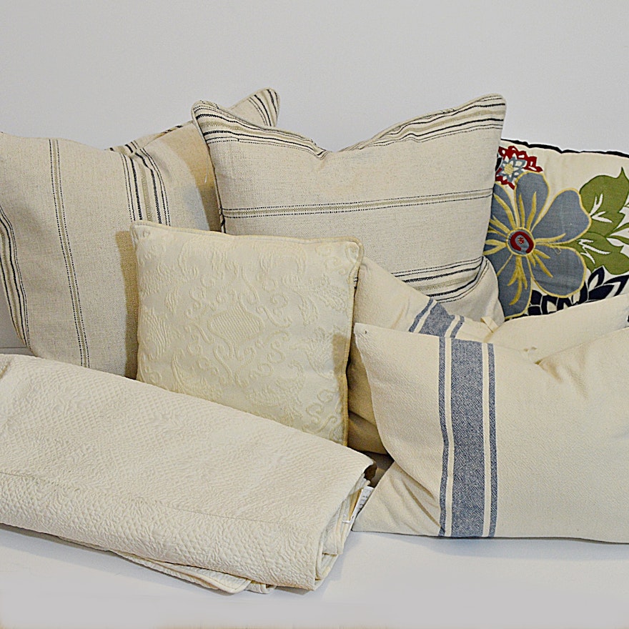 Natural Linen Pillows, Queen Matelassé Coverlet