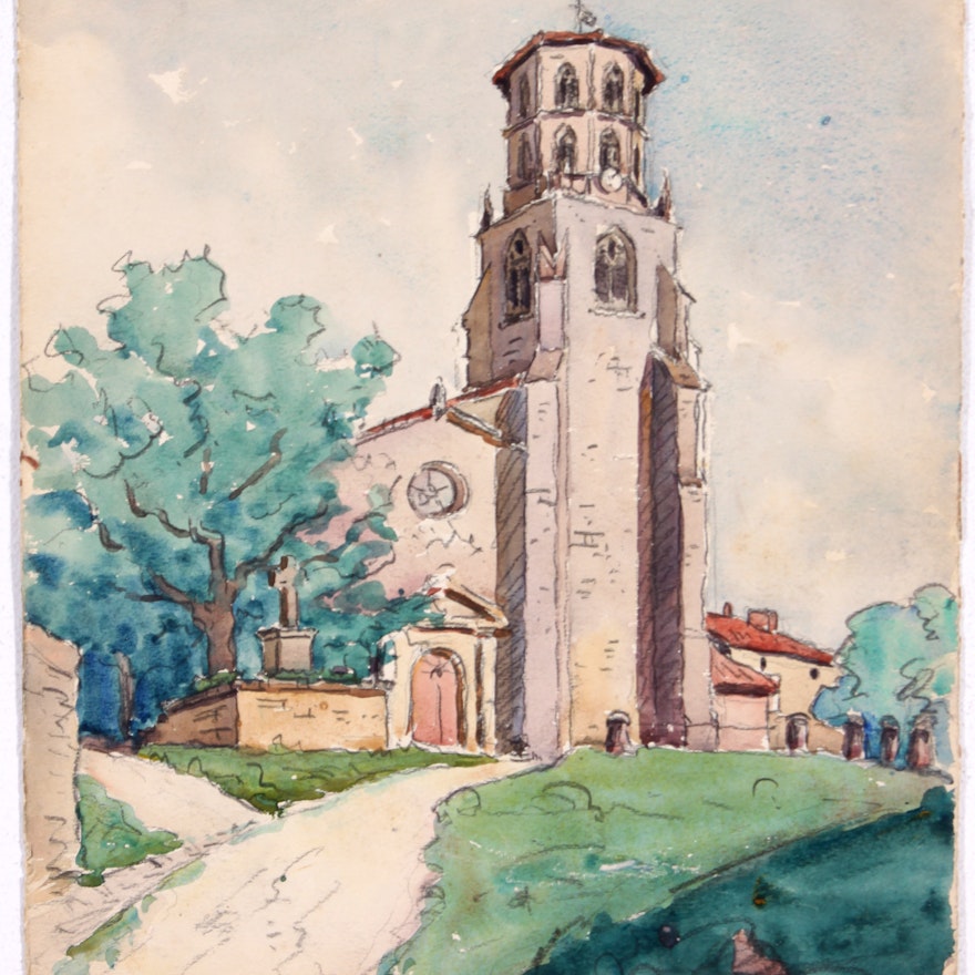 Original Church in Watercolor by Raoul Monory