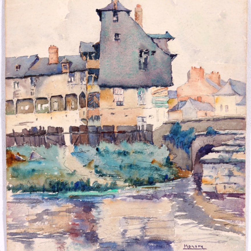 Original Seaside Village in Watercolor by Raoul Monory