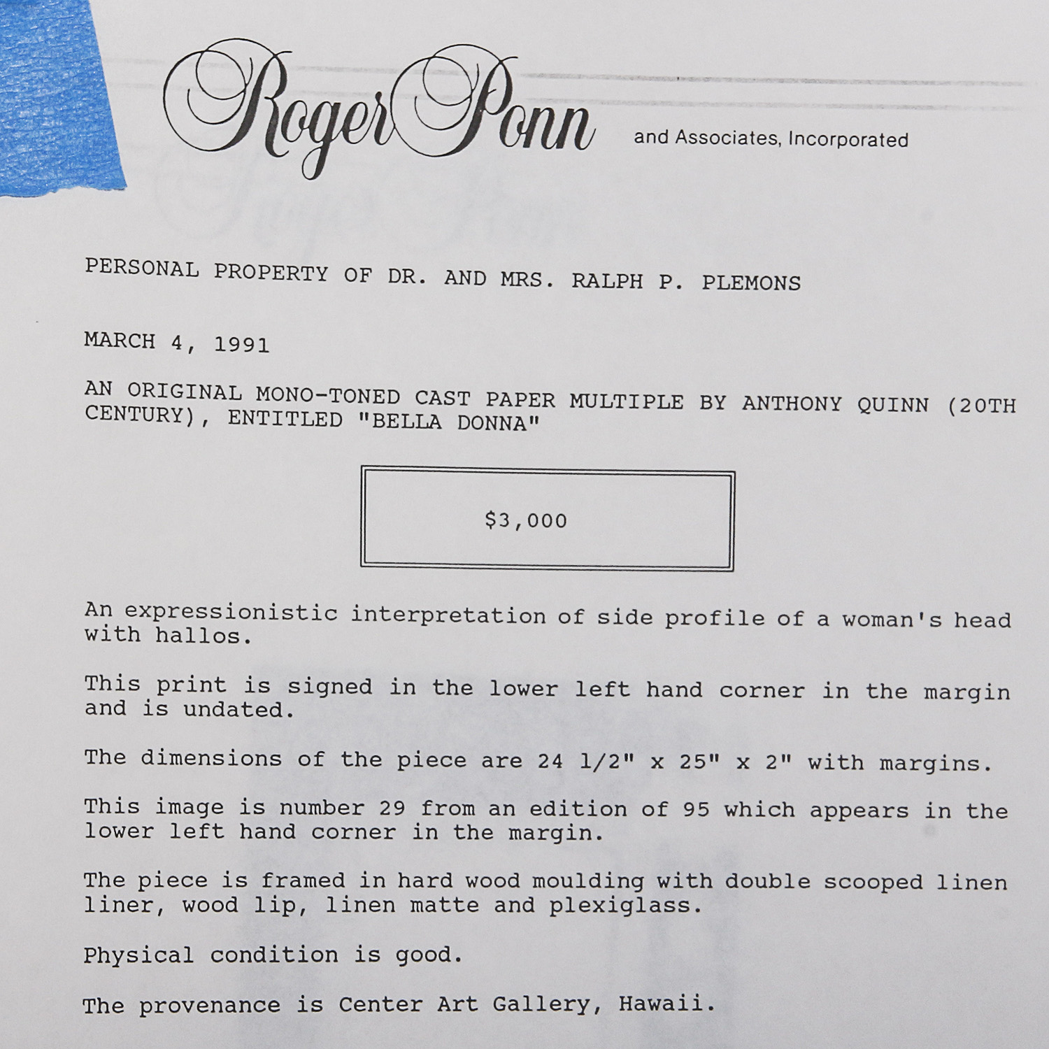 Anthony Quinn Limited Edition Cast Paper Relief "Bella Donna"