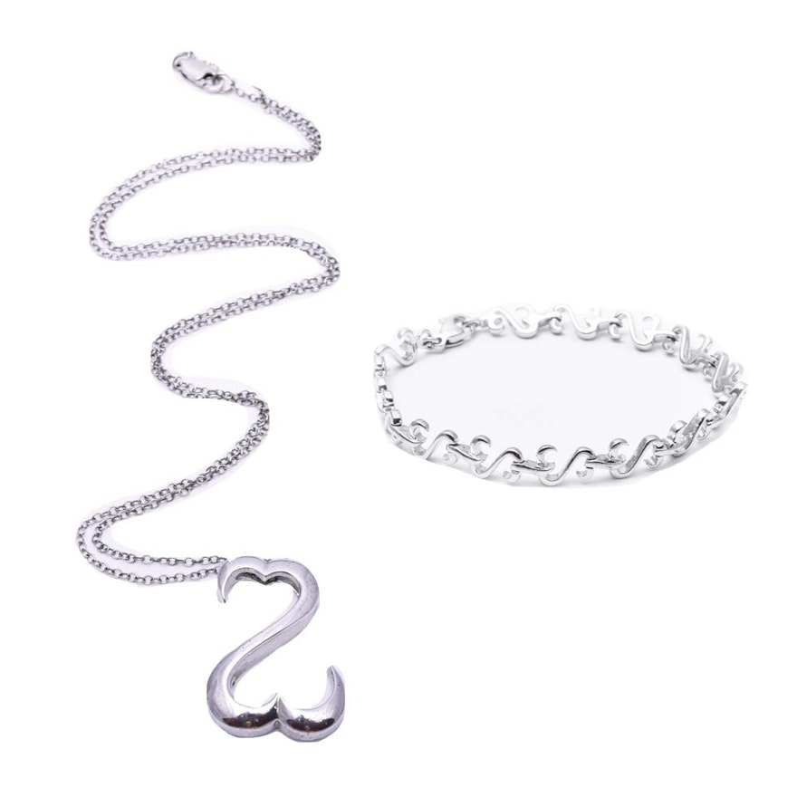 Jane Seymour Sterling Silver Open Heart Bracelet and Pendant Necklace