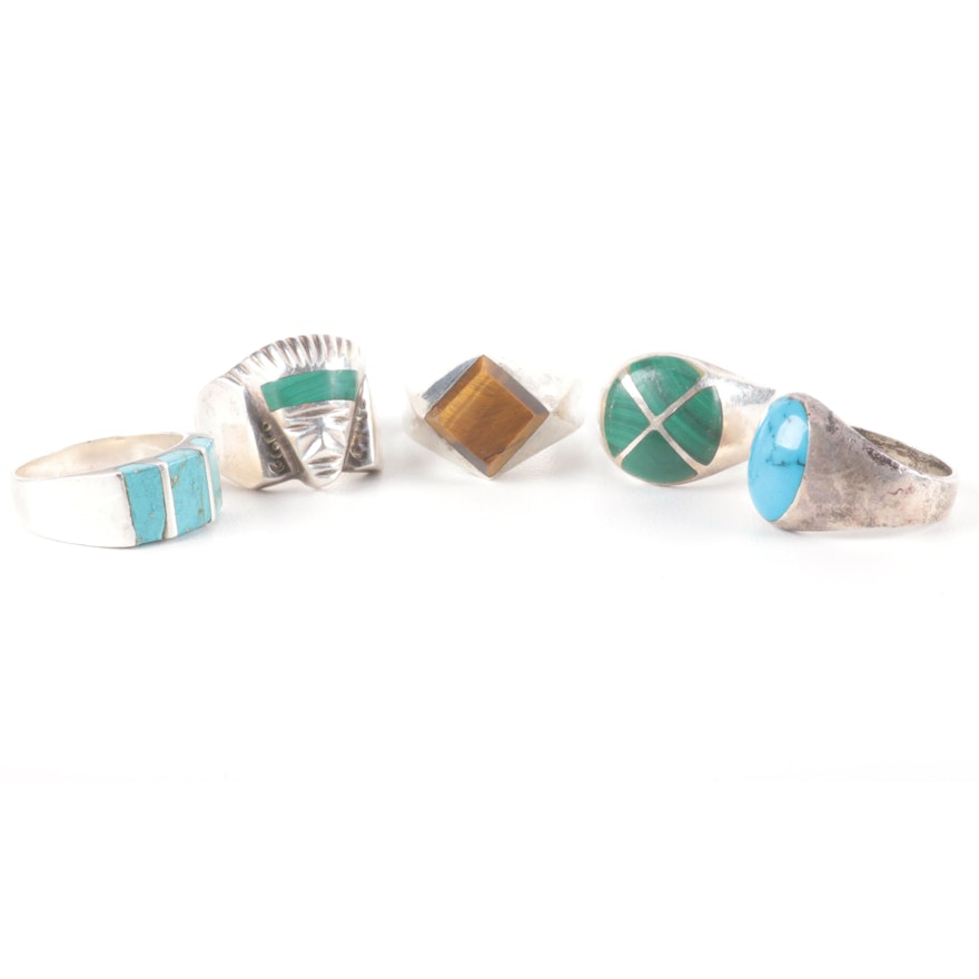 Vintage Mexican Sterling Silver and Stone Statement Rings Featuring Taxco