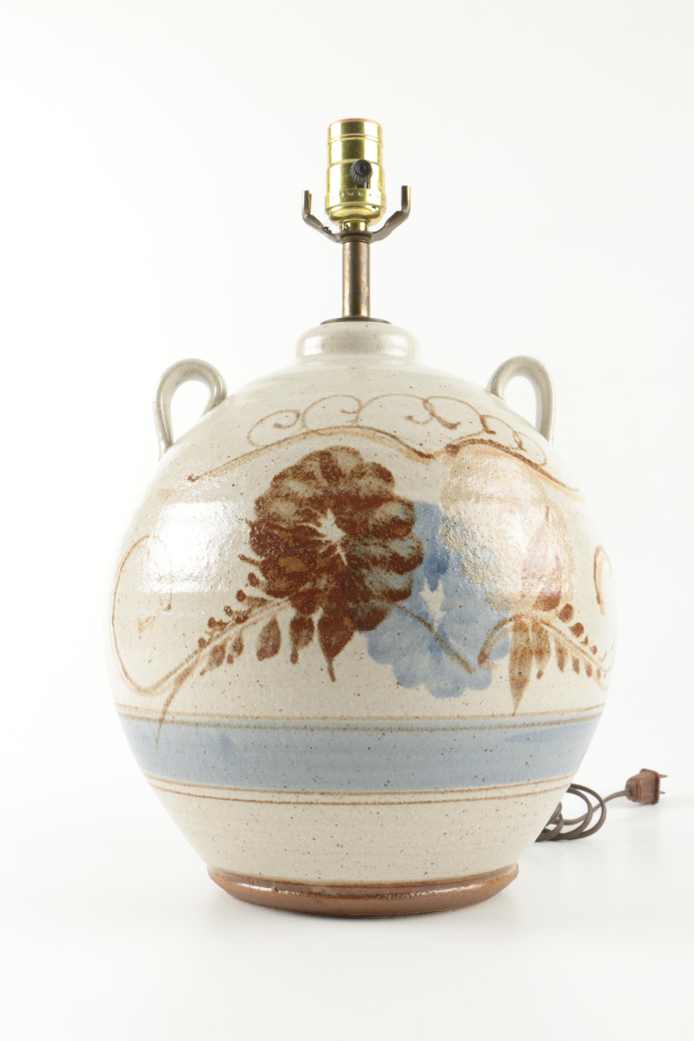 Vintage Hand-Painted Stoneware Jug Table Lamp