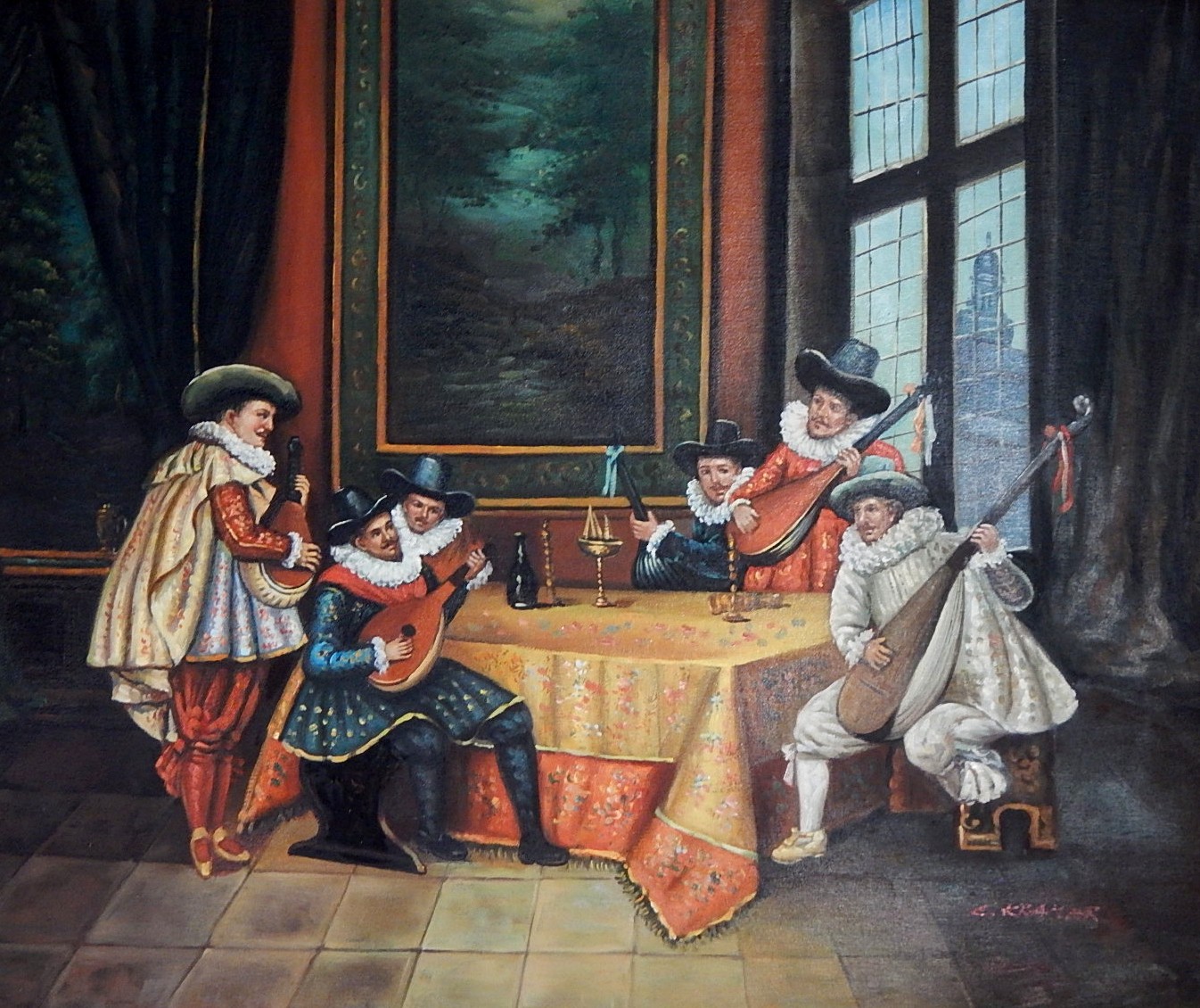 Elizabethan Musicians Original Oil on Canvas Signed C. Kramer
