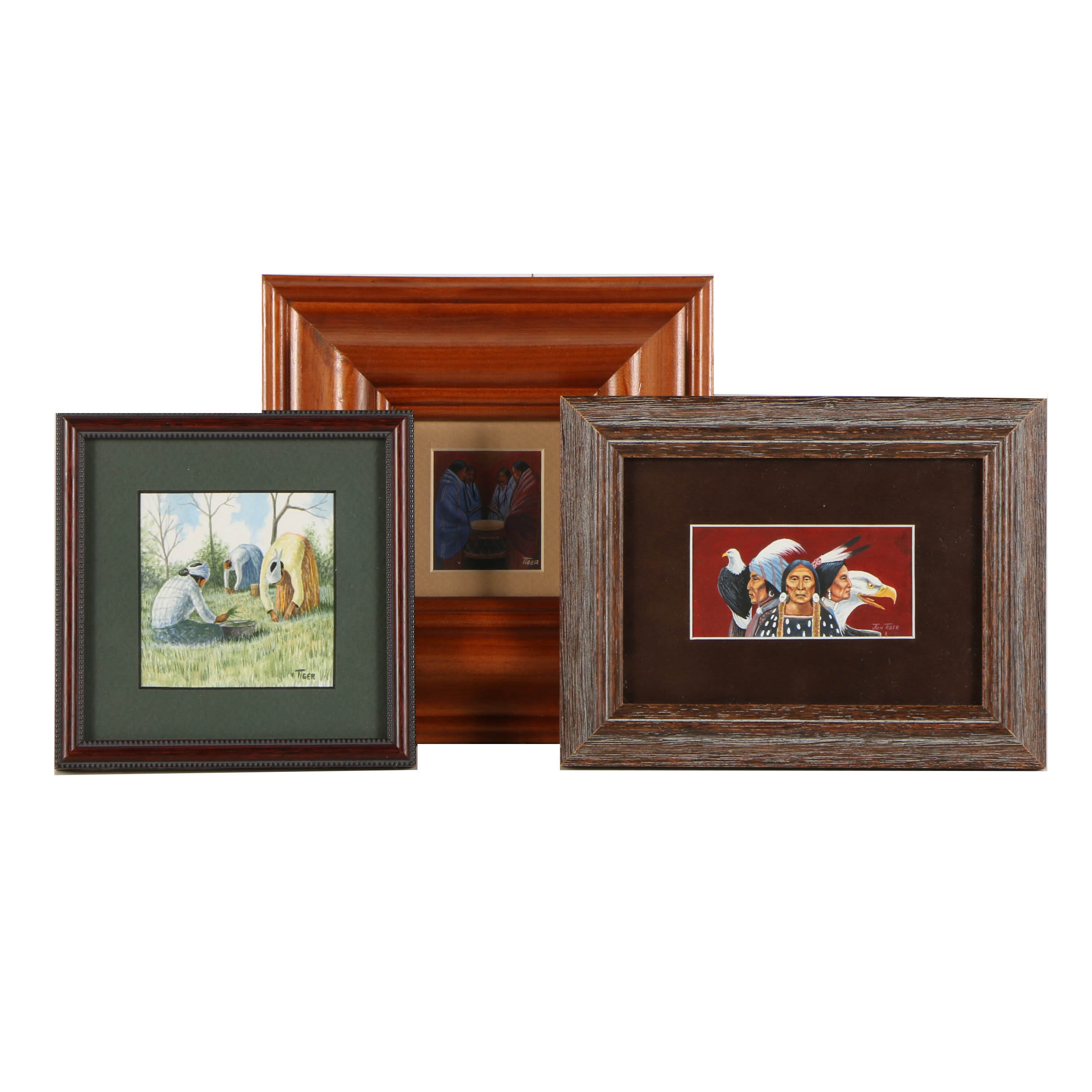Collection of Jon Mark Tiger Paintings of Native American Figurative Scenes