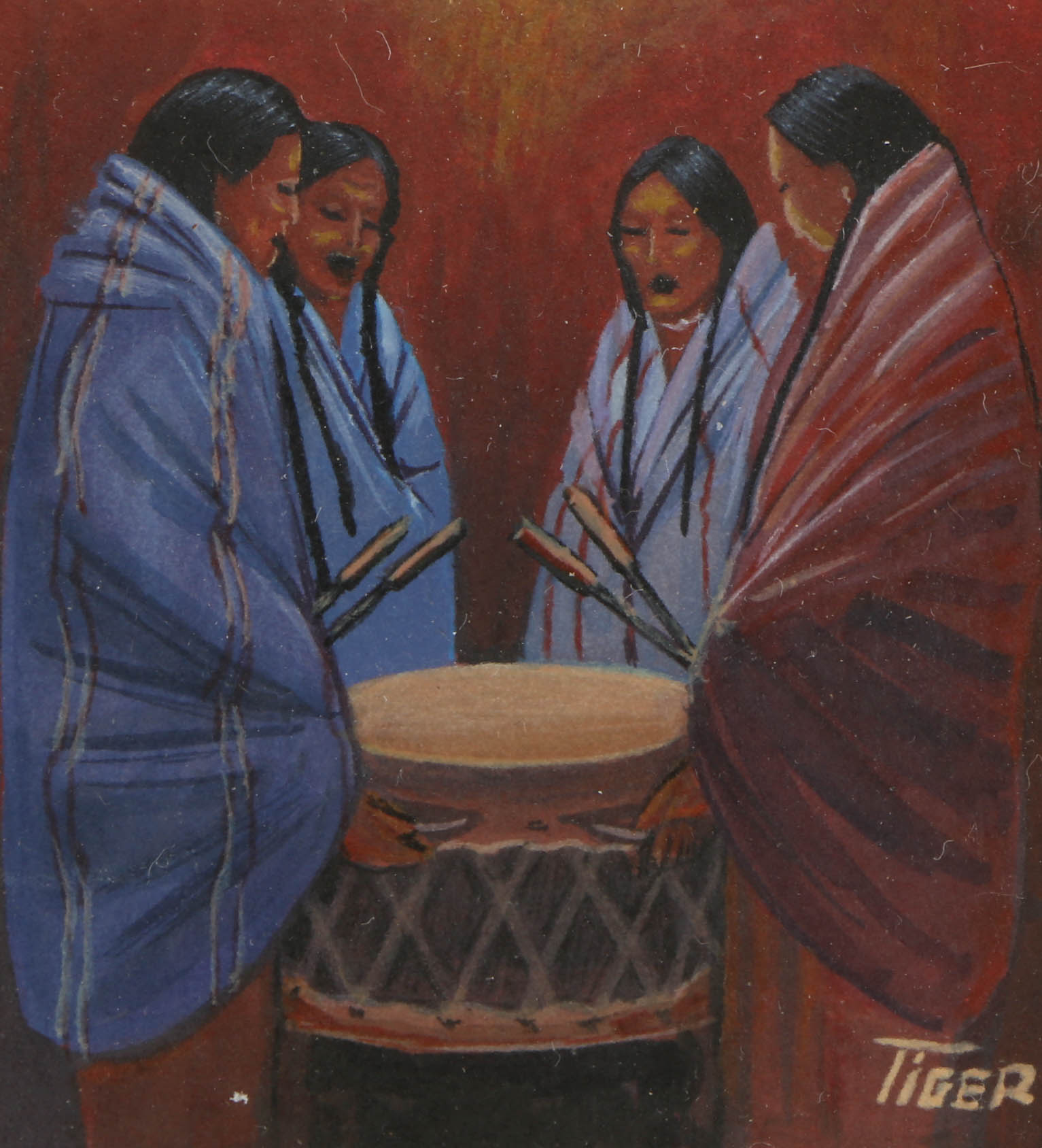 Collection of Jon Mark Tiger Paintings of Native American Figurative Scenes