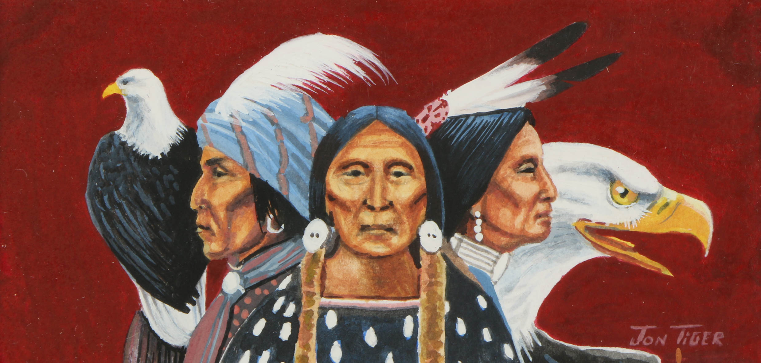 Collection of Jon Mark Tiger Paintings of Native American Figurative Scenes