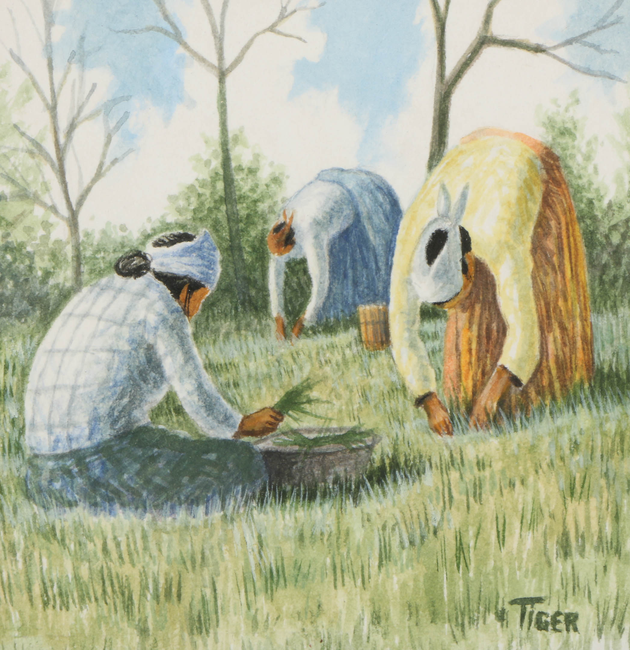 Collection of Jon Mark Tiger Paintings of Native American Figurative Scenes