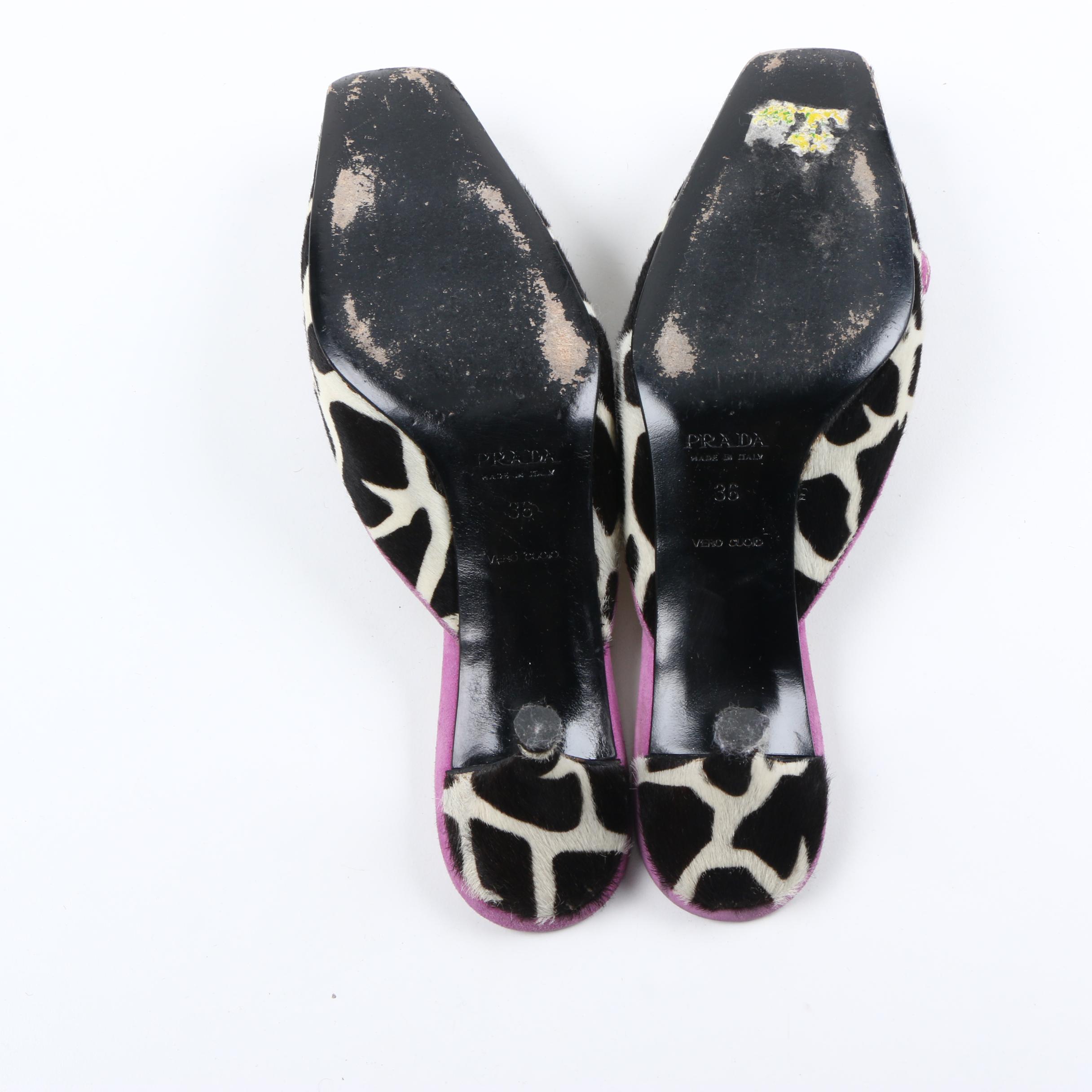 Women's Prada Pony Hair Giraffe Print Mules
