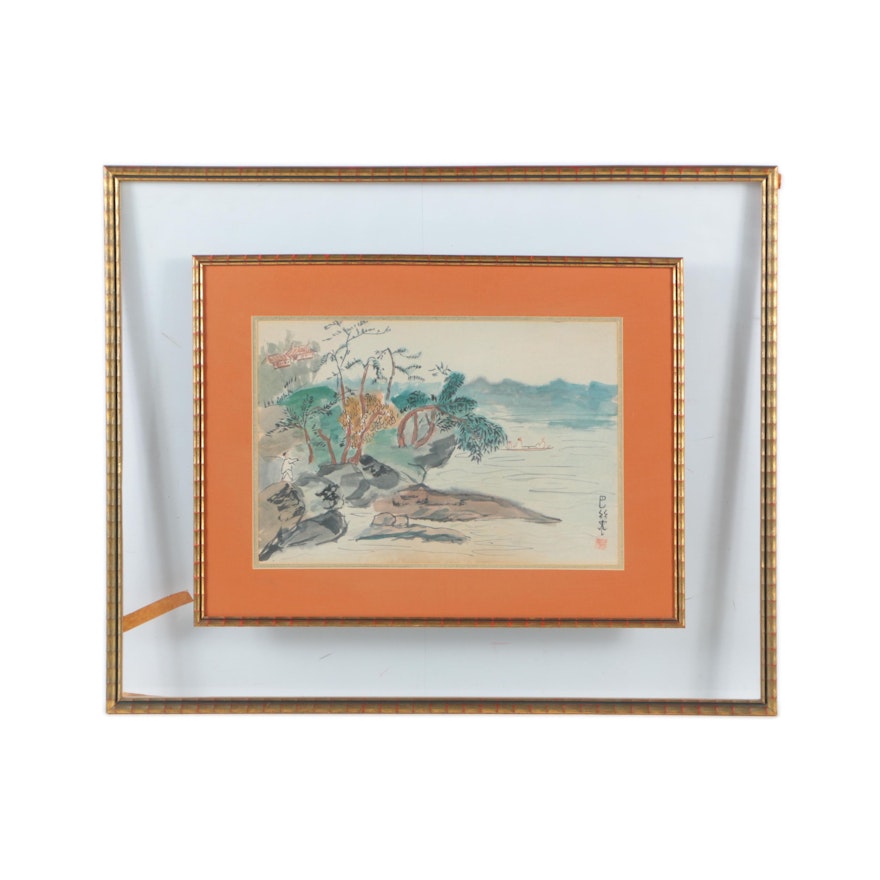 East Asian-Style Watercolor Painting of a Landscape on Paper