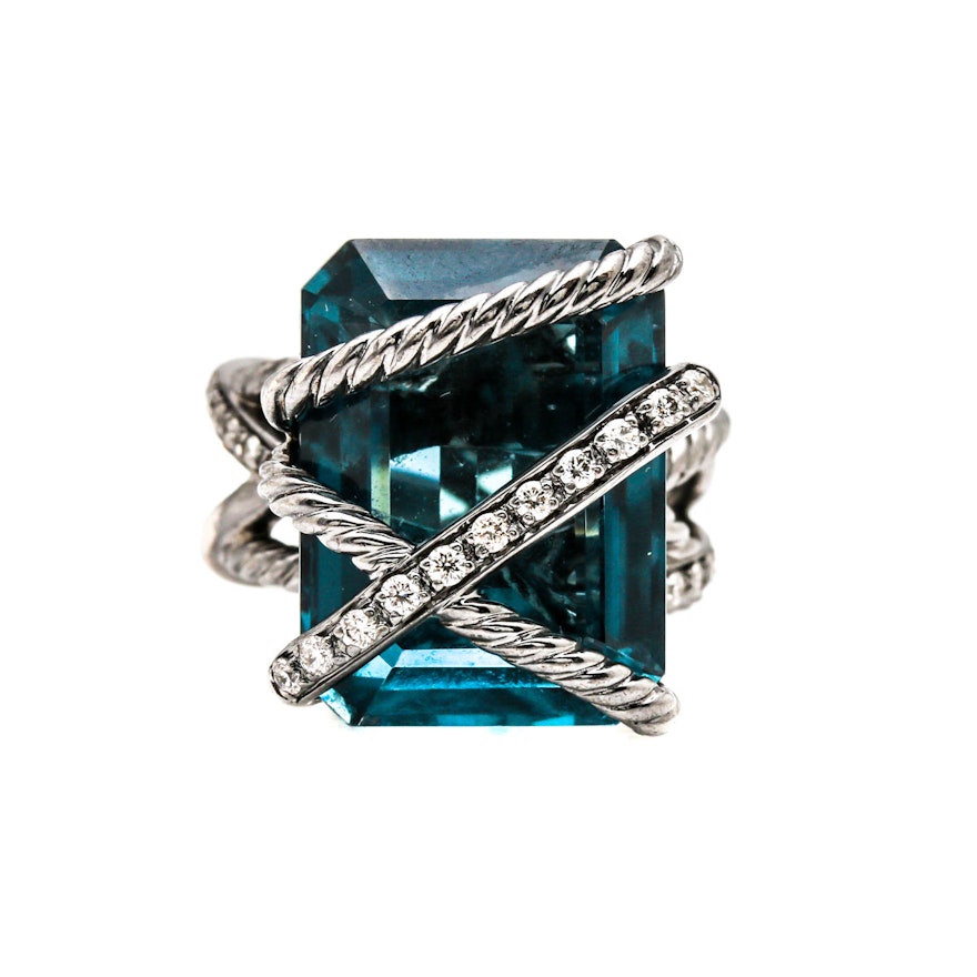 David Yurman Sterling Silver "Cable Wrap" London Blue Topaz and Diamond Ring