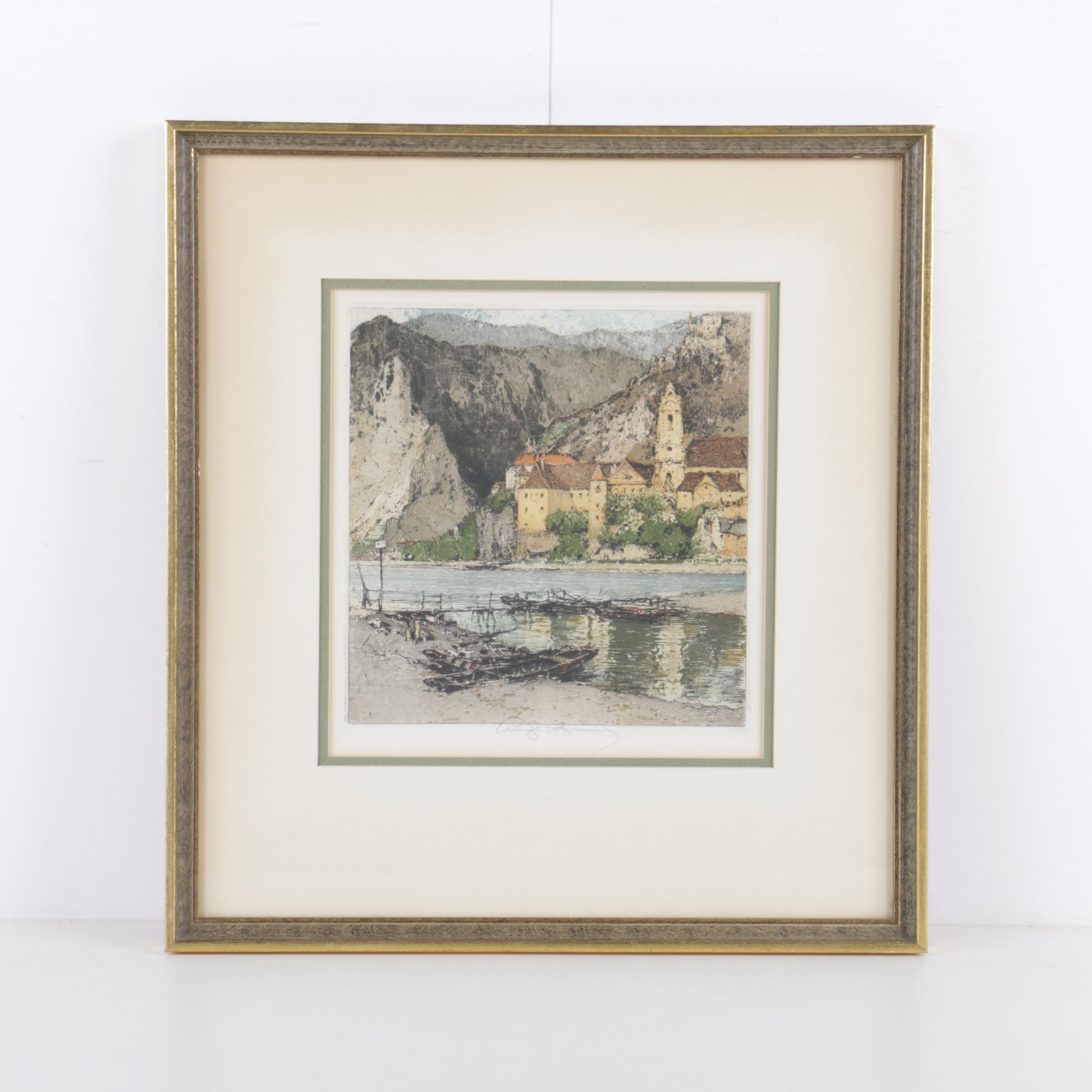 Luigi Kasimir Hand Colored Etching on Paper "Duernstein on the Danube"