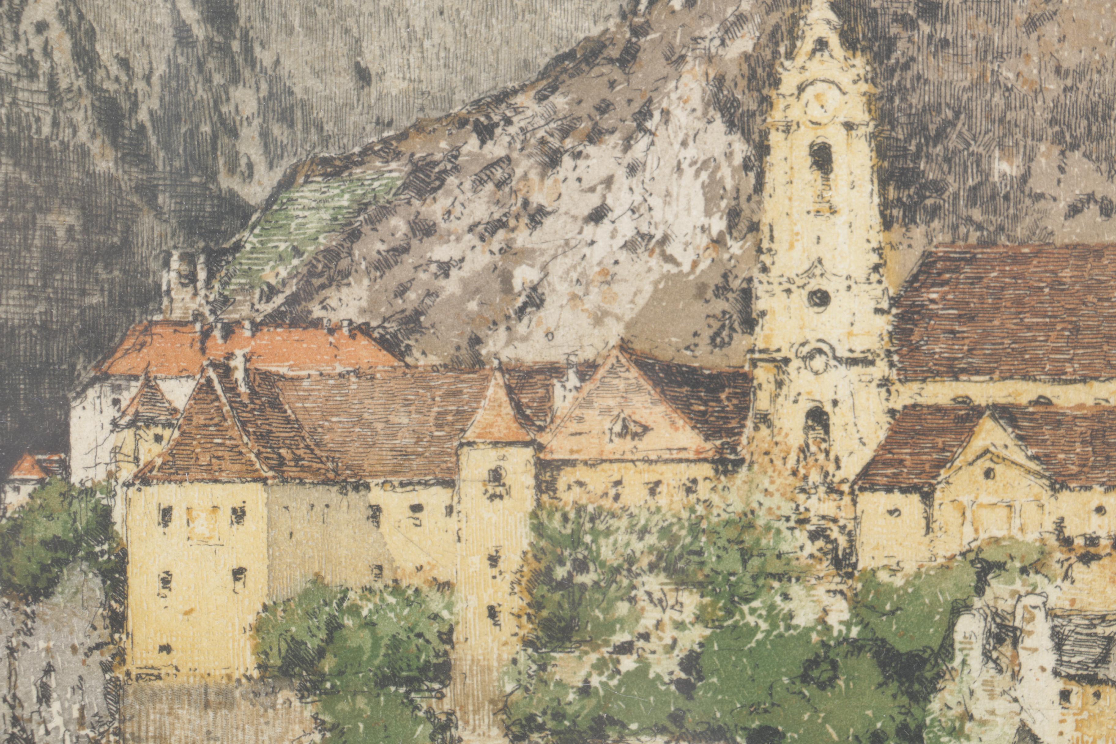 Luigi Kasimir Hand Colored Etching on Paper "Duernstein on the Danube"