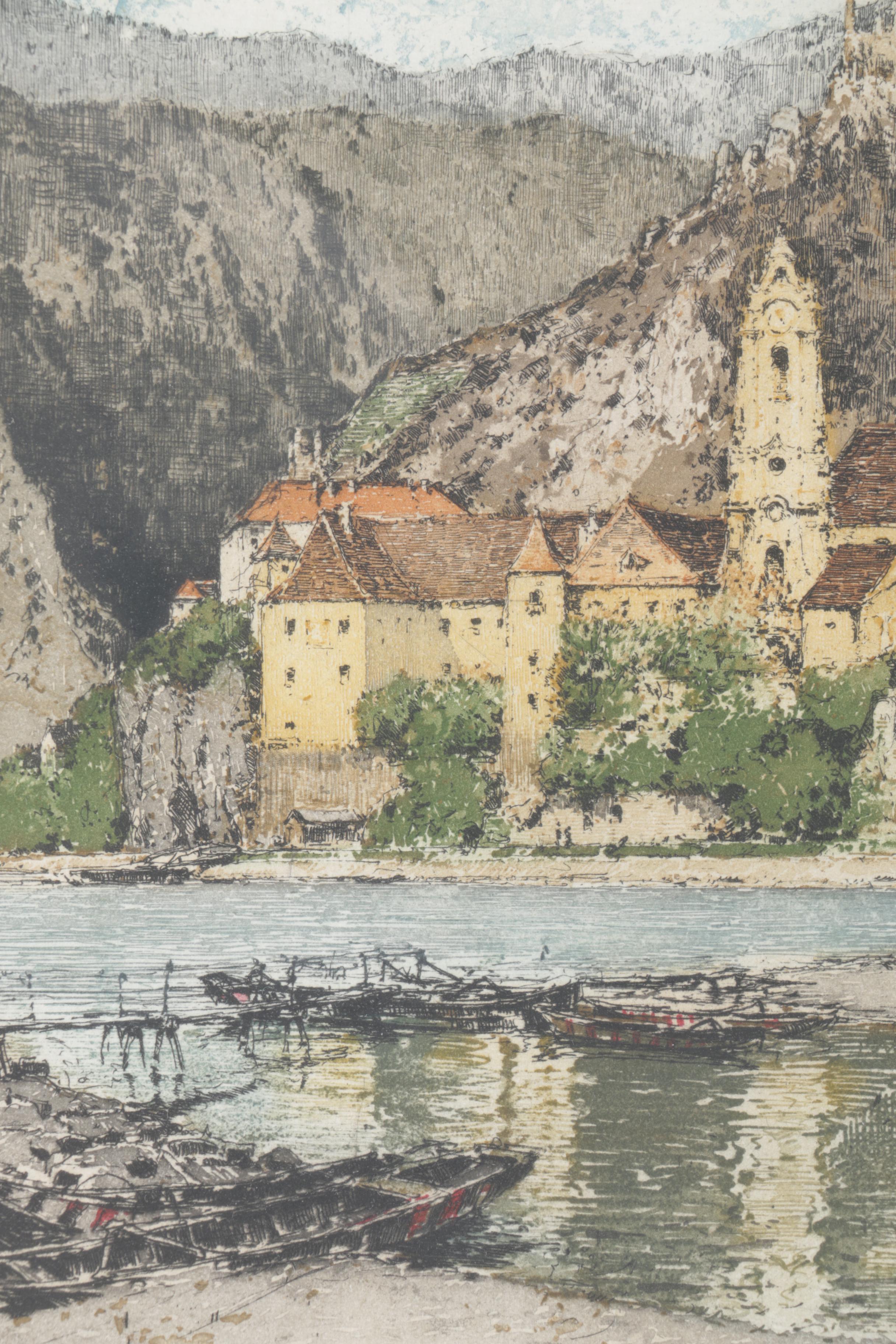 Luigi Kasimir Hand Colored Etching on Paper "Duernstein on the Danube"