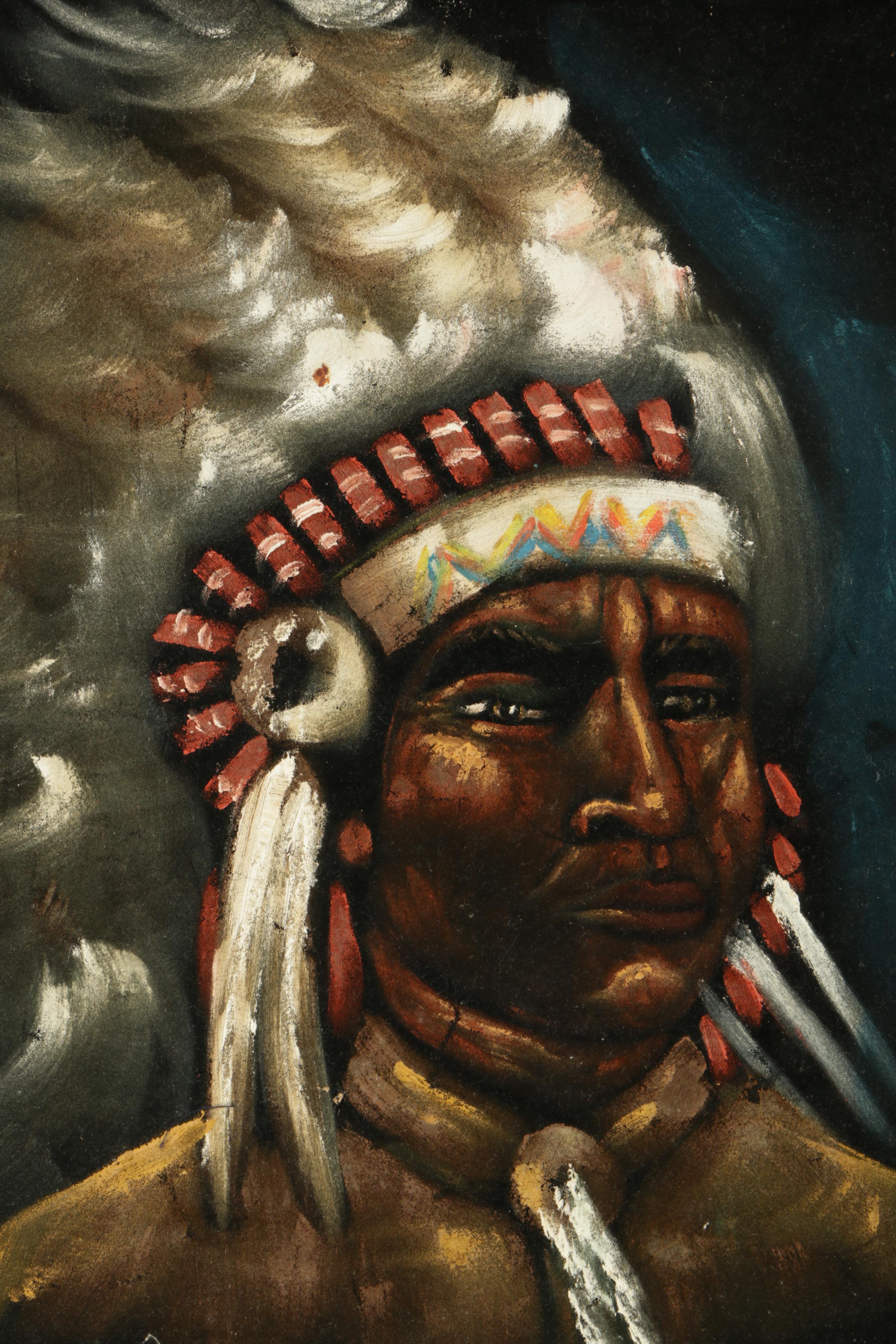 Oil Painting on Velvet of a Native American Man