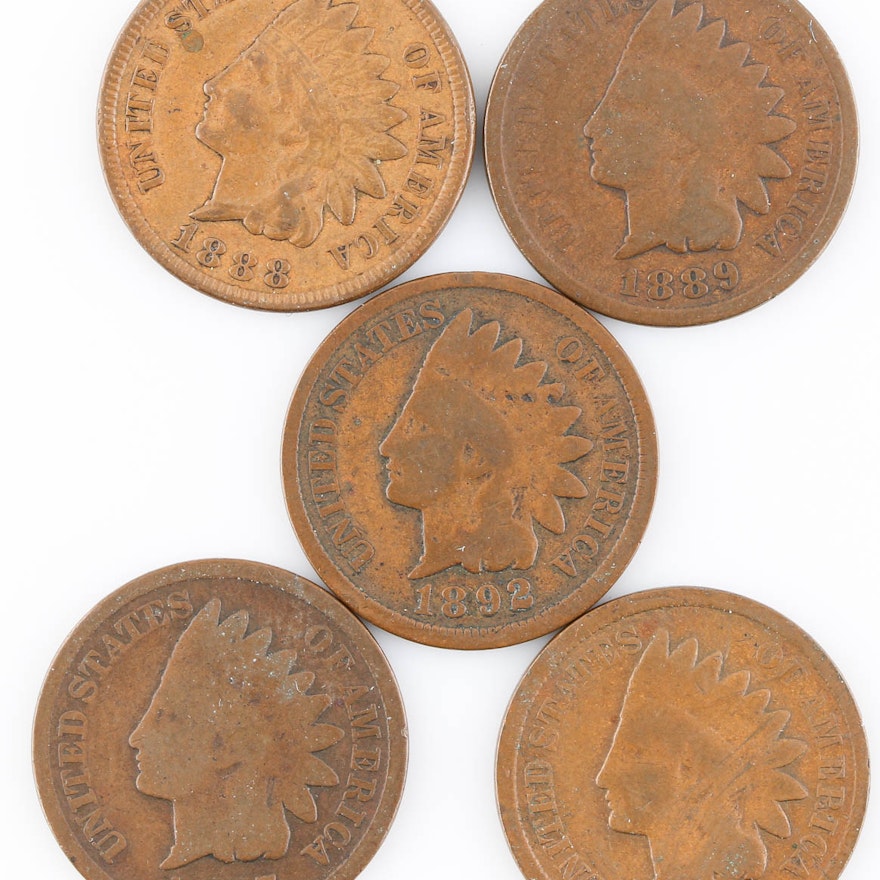 Group of Five Indian Head Cents: 1887, 1888, 1889, 1890, and 1892