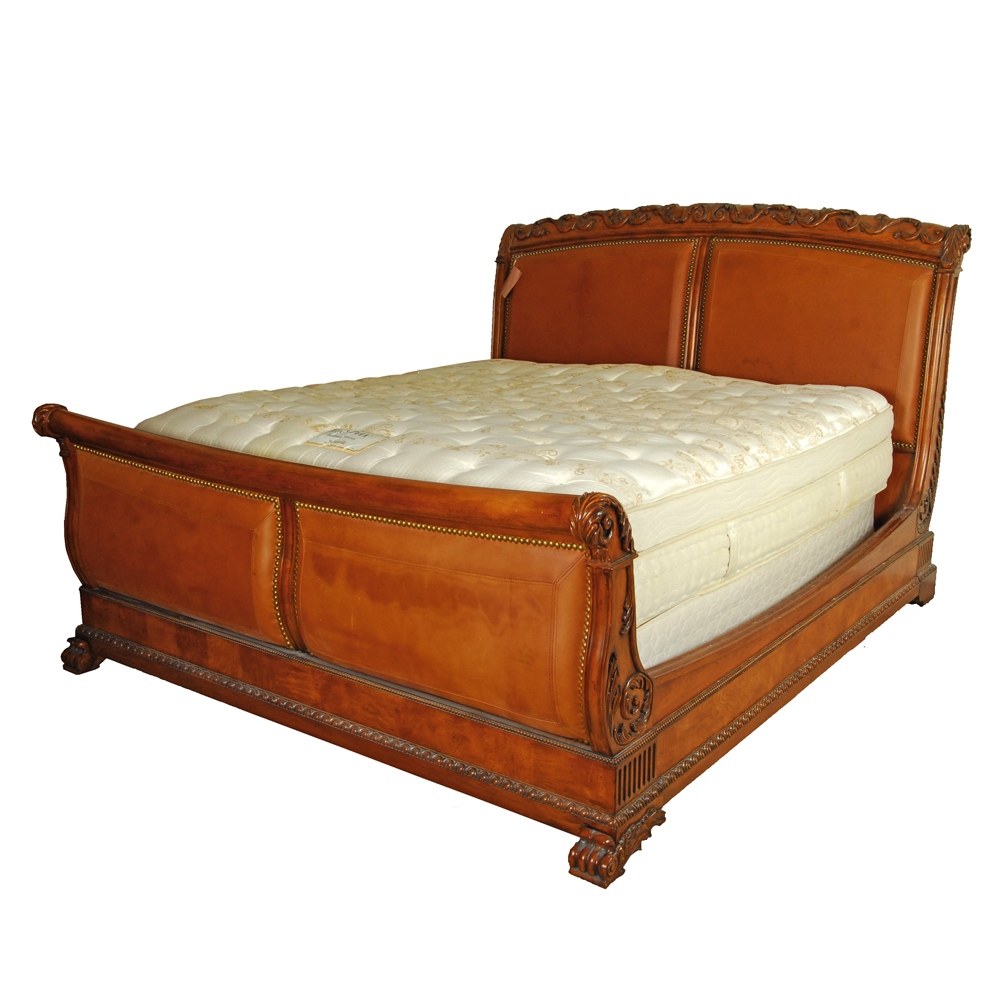 Sleigh Style Leather Upholstered Wooden King Bed Frame