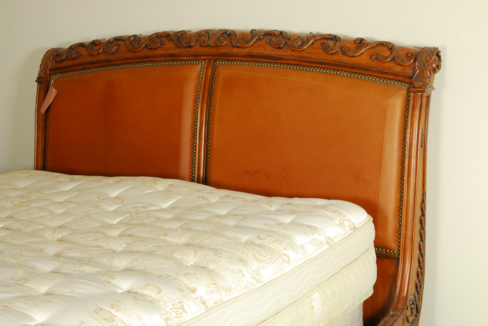 Sleigh Style Leather Upholstered Wooden King Bed Frame