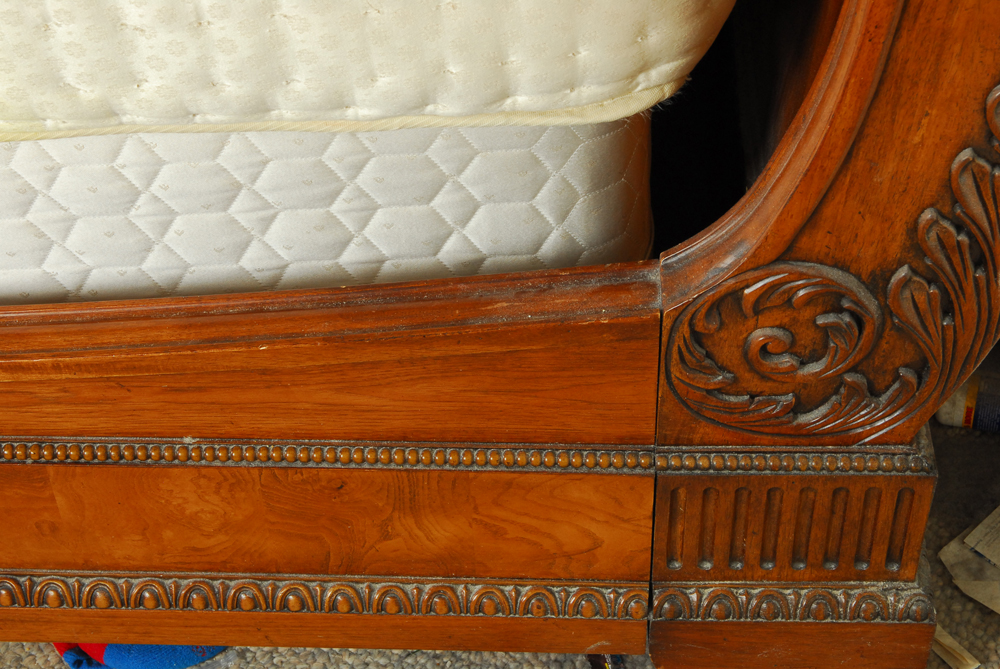 Sleigh Style Leather Upholstered Wooden King Bed Frame