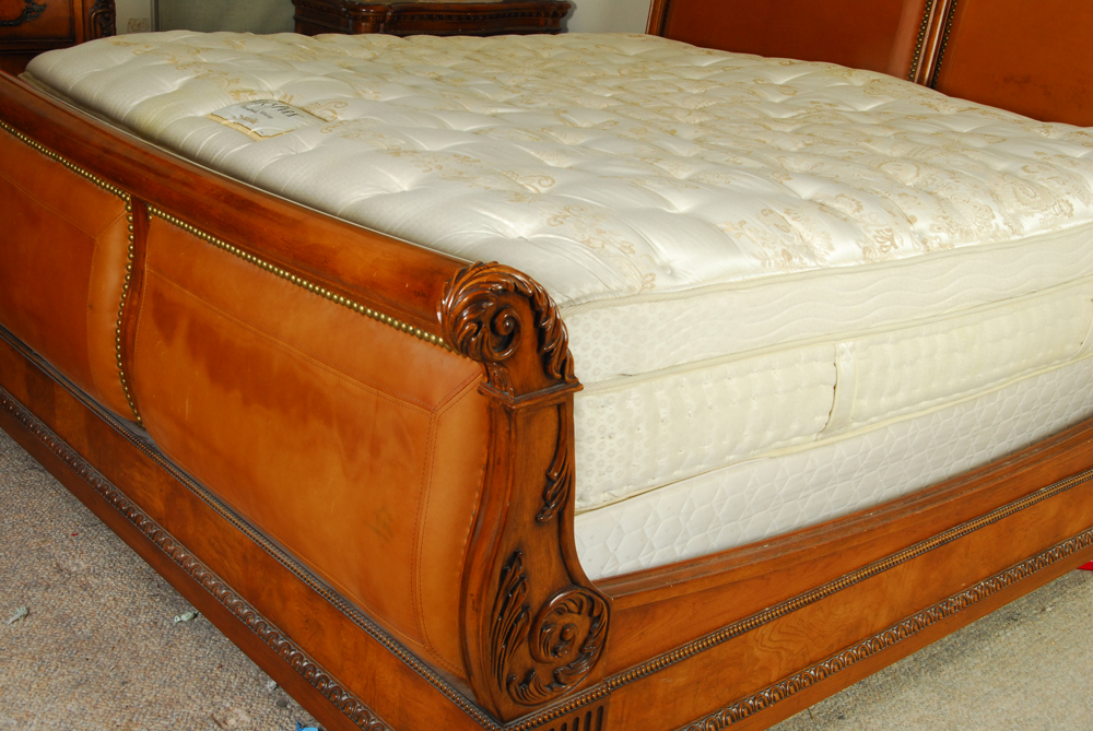Sleigh Style Leather Upholstered Wooden King Bed Frame