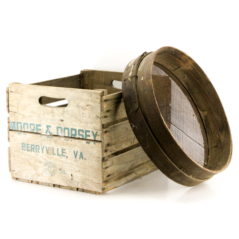 Vintage Moore & Dorsey Apple Crate and Large Wooden Sieve