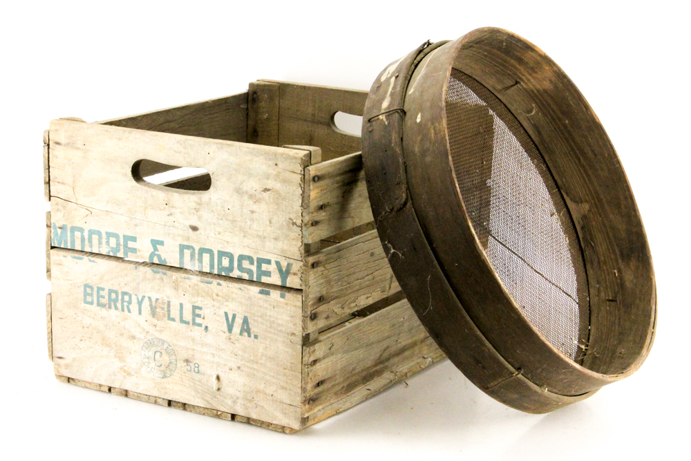 Vintage Moore & Dorsey Apple Crate and Large Wooden Sieve