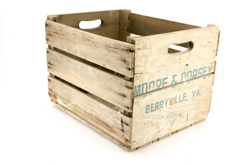 Vintage Moore & Dorsey Apple Crate and Large Wooden Sieve