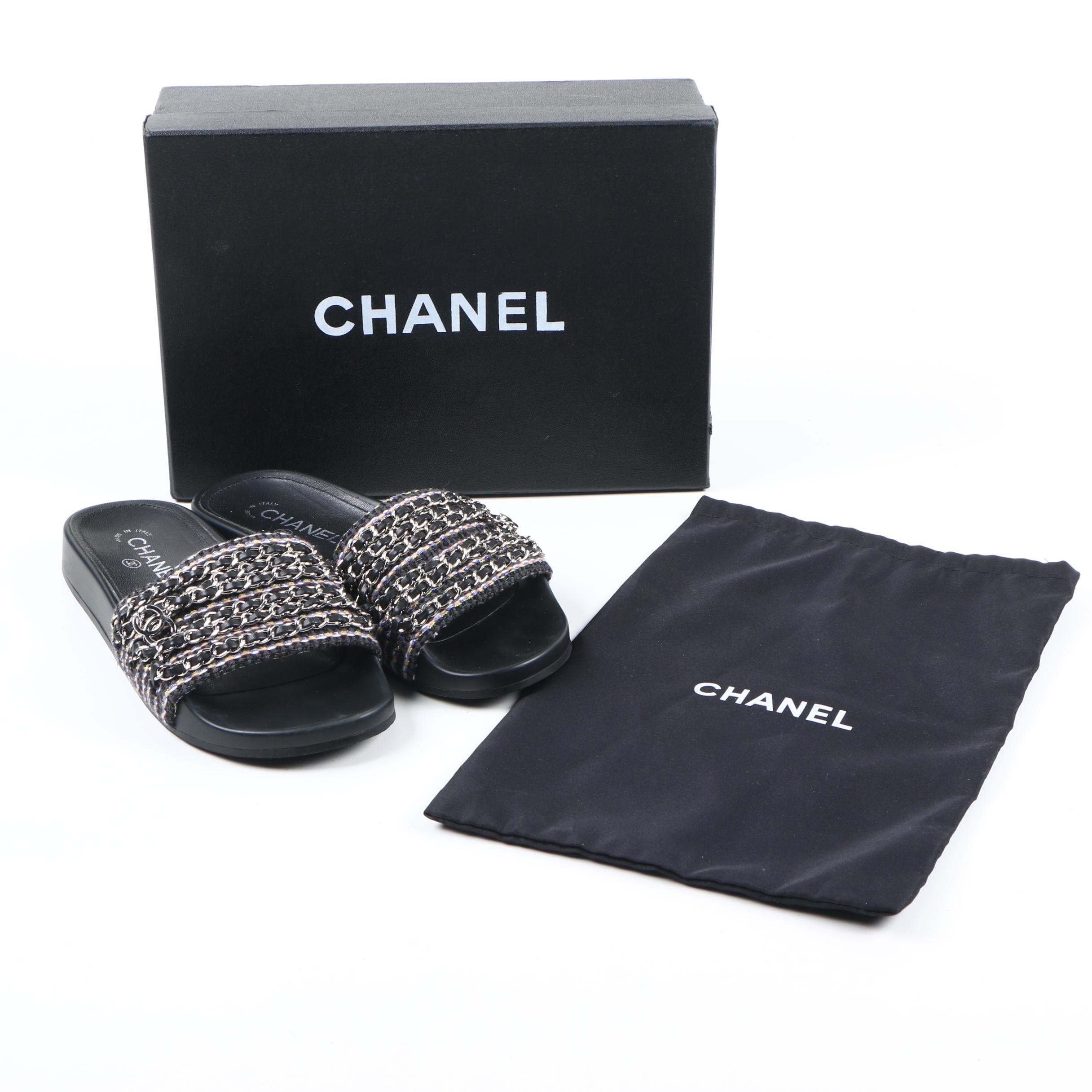 Chanel Multicolor and Leather Chain Link Slide Sandals
