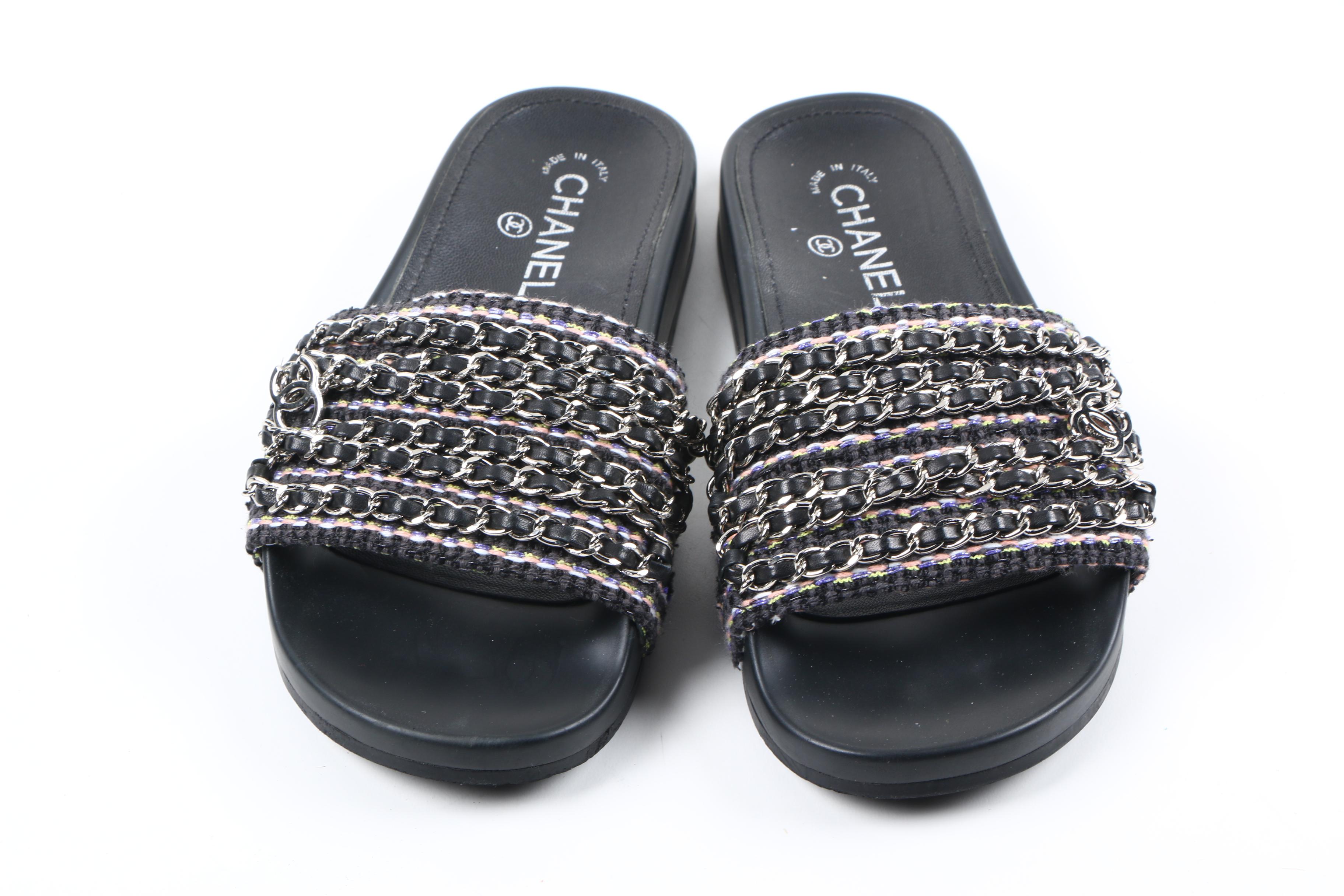 Chanel Multicolor and Leather Chain Link Slide Sandals