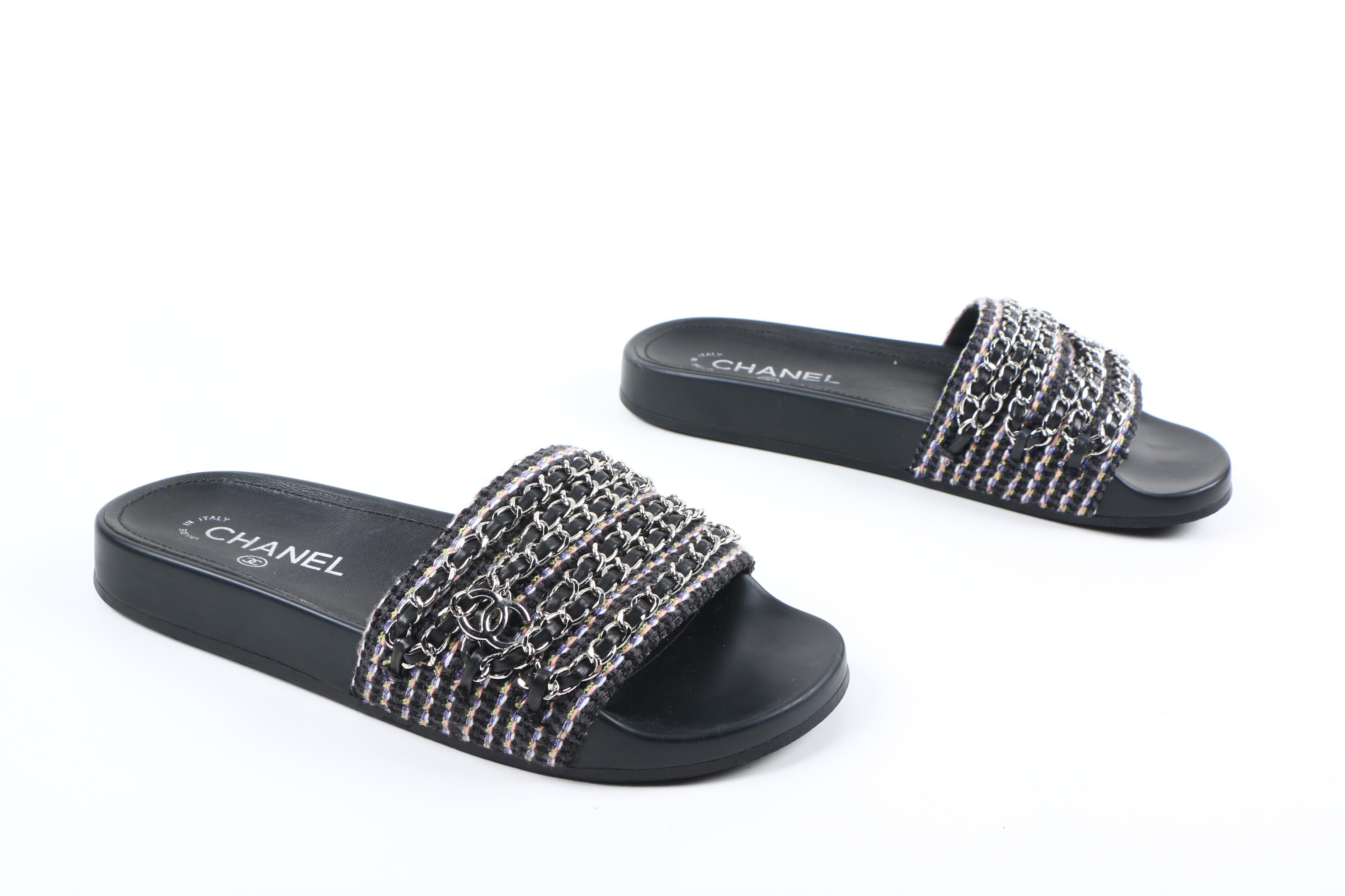 Chanel Multicolor and Leather Chain Link Slide Sandals