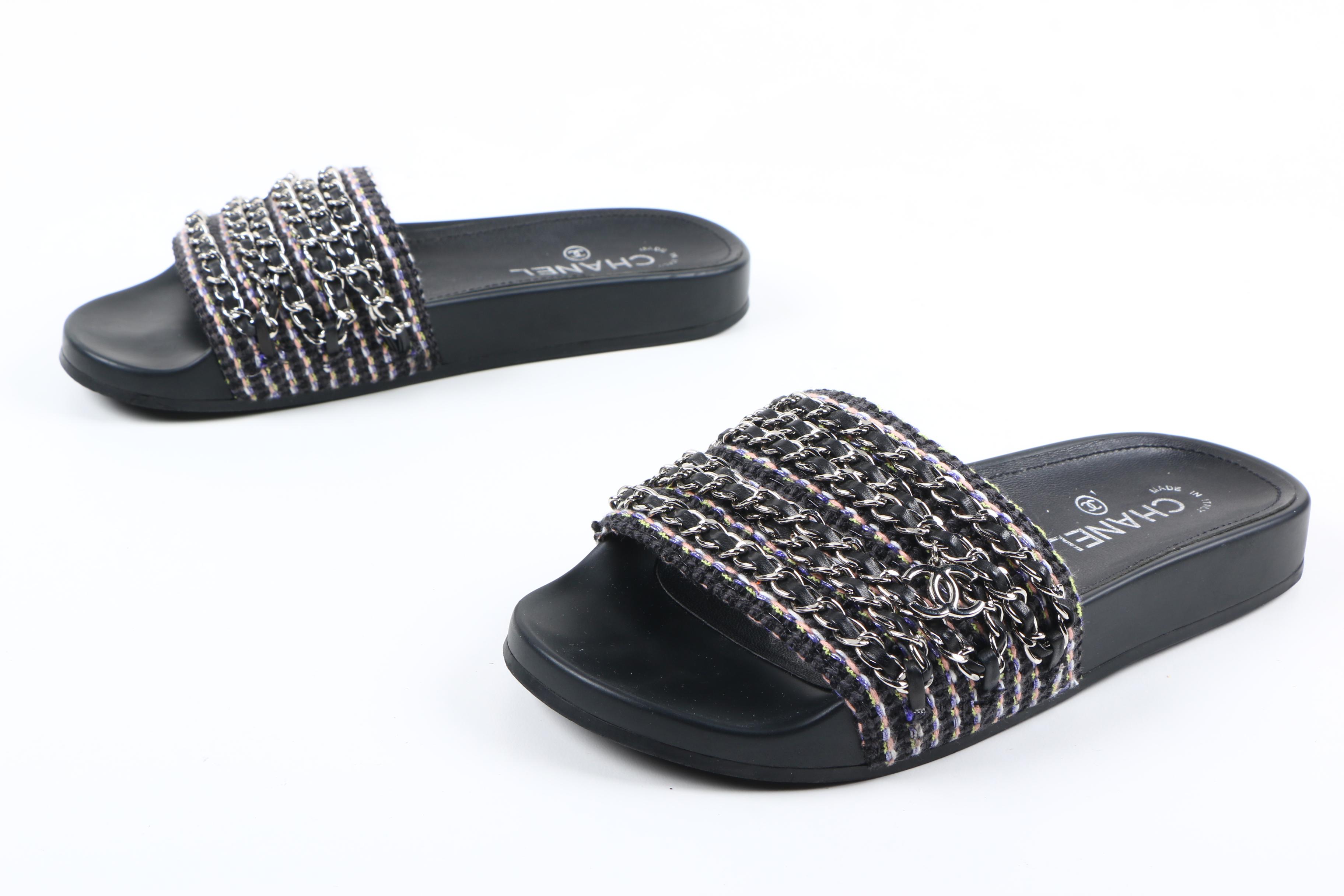 Chanel Multicolor and Leather Chain Link Slide Sandals