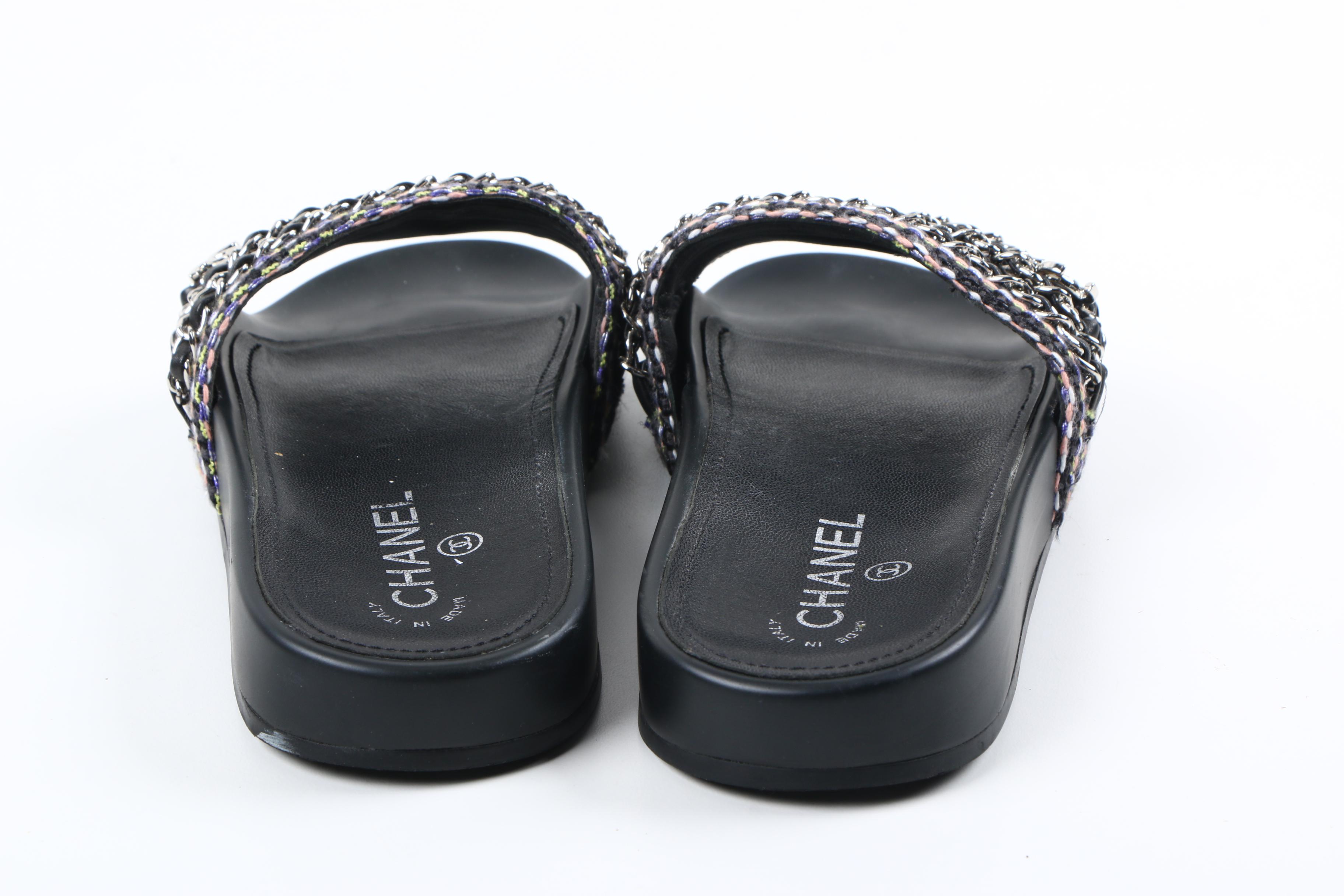 Chanel Multicolor and Leather Chain Link Slide Sandals