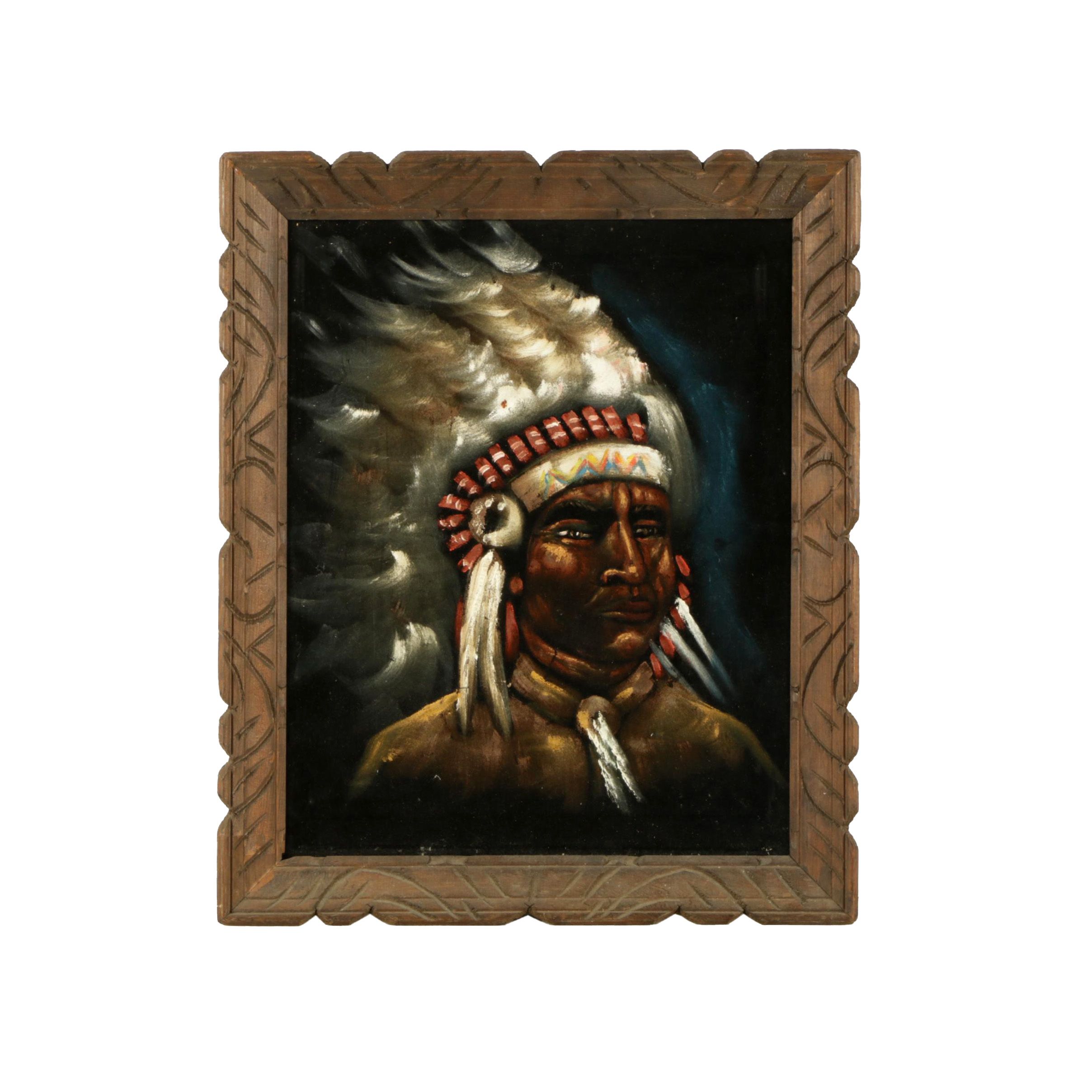 Oil Painting on Velvet of a Native American Man