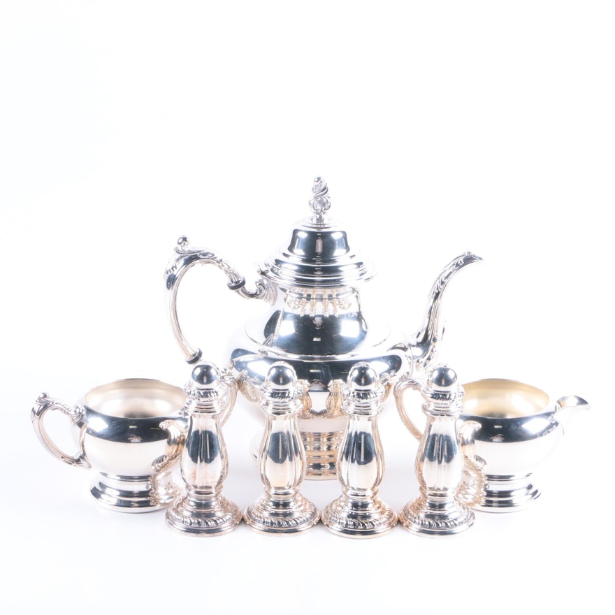 Oneida Silver Plate Tea Service with Neiman Marcus Footed Shakers