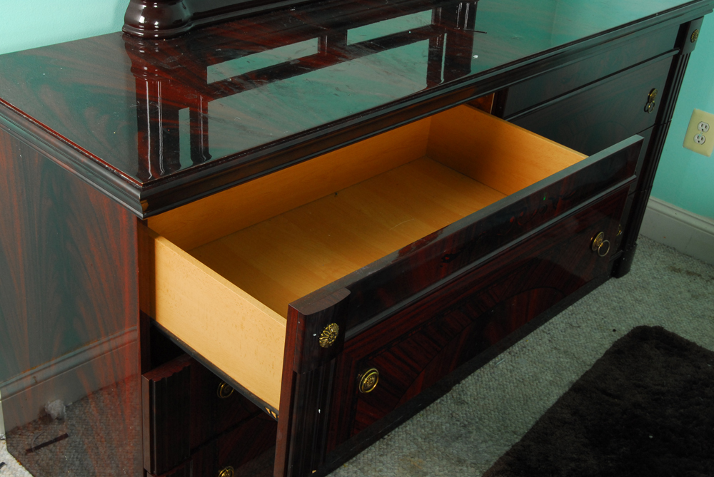 Flame Mahogany Dresser With Mirror in Gloss Lacquer