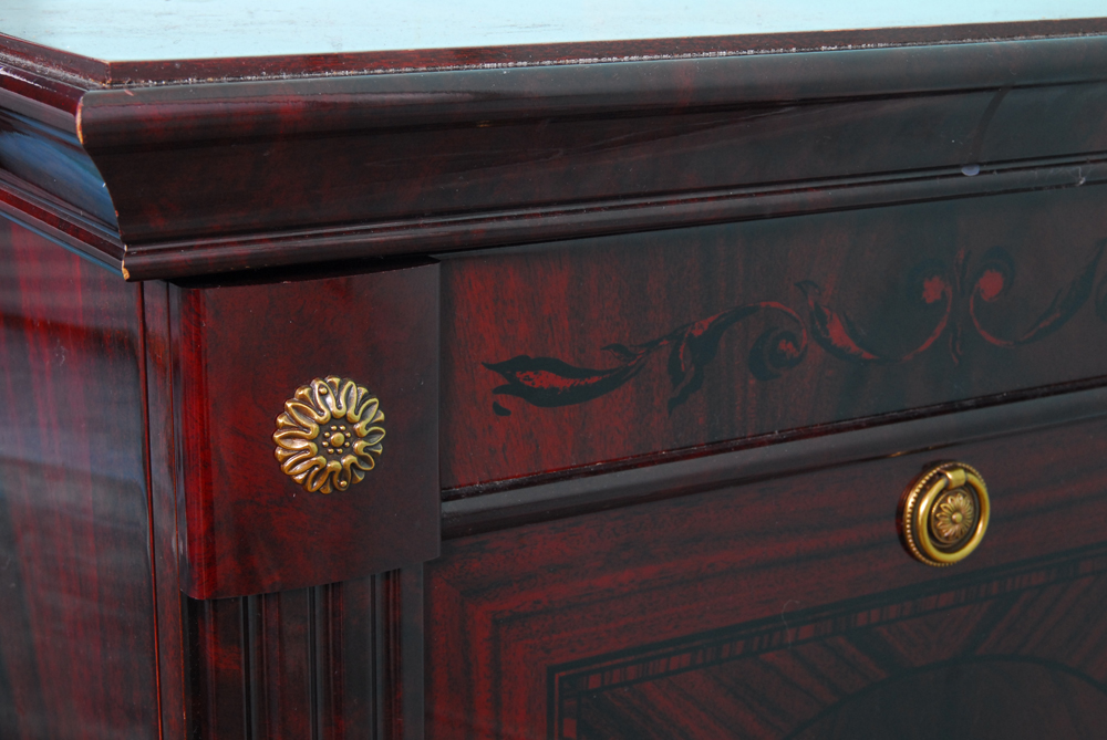 Neoclassical Style End Table in Flame Mahogany Veneer