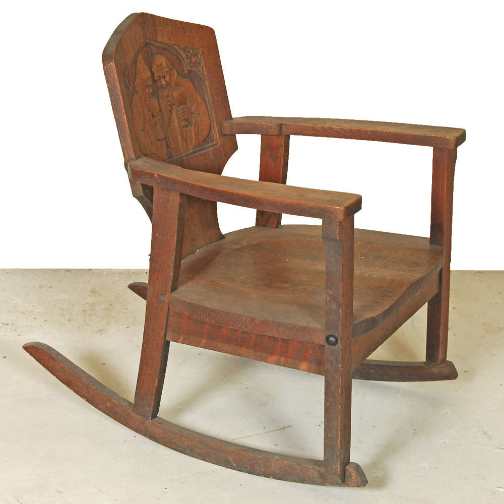 Vintage Oak Rocking Chair with Carved Back